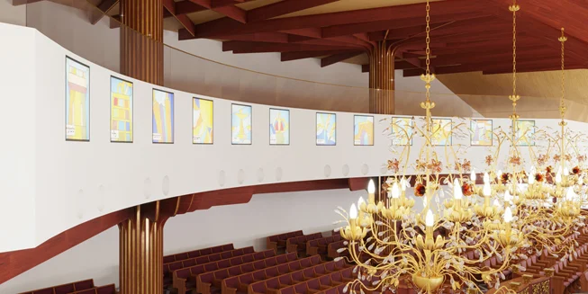 הדמיות פנים – חלל מרכזי – מבט מפוצל בין עזרת נשים ועזרת גברים - בית הכנסת אור חיים
